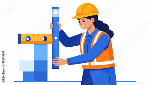 Empowered female construction worker in safety gear, diligently using a spirit level for precise measurement and alignment, symbolizing expertise in building and engineering