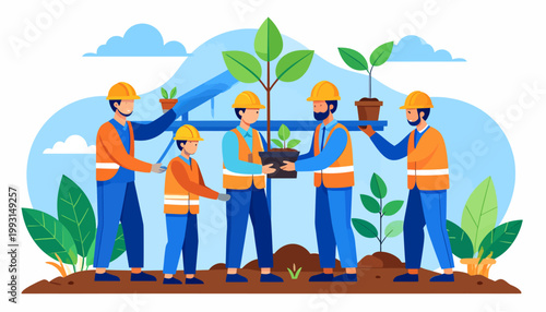 Team of construction workers planting trees in a field, symbolizing environmental protection and teamwork