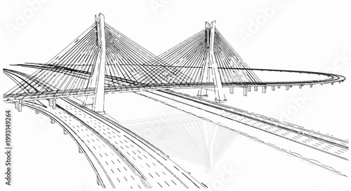 A detailed sketch of a modern cable-stayed bridge with roadways