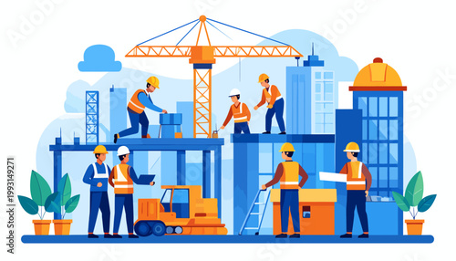 Vibrant illustration depicting a dynamic construction site with skilled workers and heavy machinery actively building modern urban structures, showcasing teamwork and progress in city development