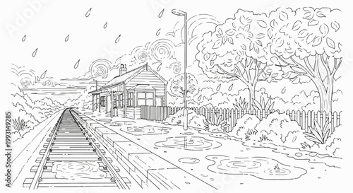 A rainy day at a train station with puddles and trees