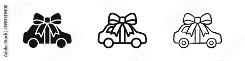 New car gift icon set with large bow in solid, outline, and hand-drawn styles