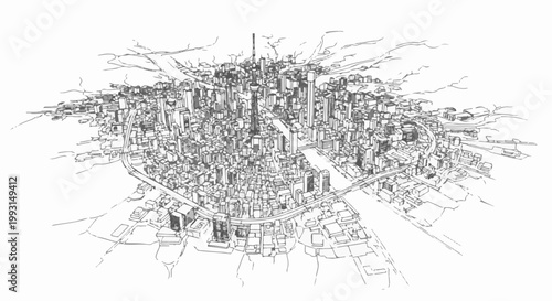 Aerial sketch of a dense, sprawling metropolis with numerous buildings and a winding river
