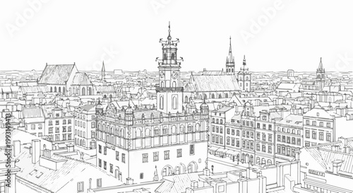 Aerial sketch of an old European city square with a prominent clock tower