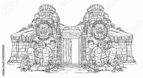 Ancient stone gate guarded by two imposing figures, entrance to a lost world