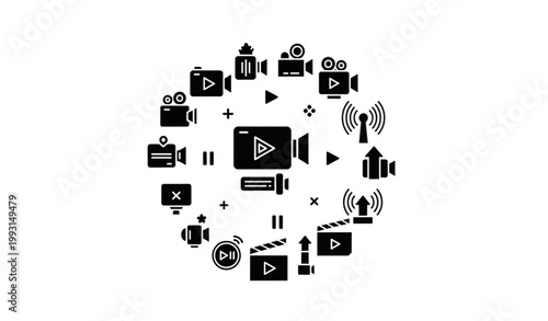 Modern video media icon set with streaming player controls and cinema symbols isolated on white