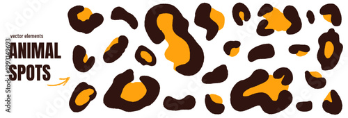 Cheetah spot animal fur in flat brown and yellow for trendy print. Bold cheetah pattern with leopard and panther skin as a vector set. Jaguar marks with organic shapes for fashion and apparel design.