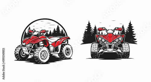 Two red quad bikes depicted in a stylized manner with pine trees in the background