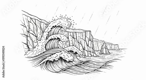 Violent ocean waves crash against rocky cliffs during a rainstorm
