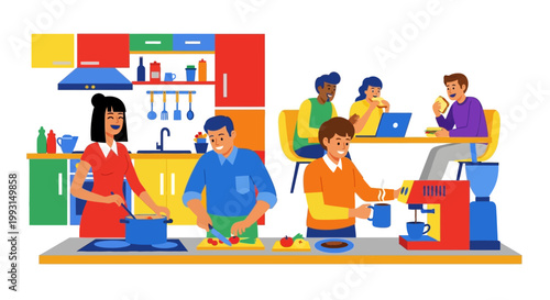 people working and socializing in a kitchen.