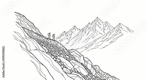 Two hikers ascend a steep, rocky mountain path with jagged peaks behind
