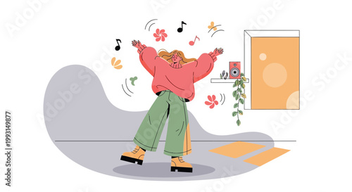 Dancing woman, colorful illustration, joyful movement, vector graphic