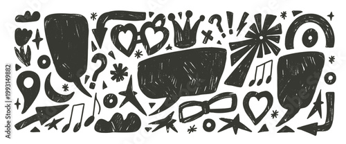 Speech bubbles frames chalk doodle elements. Grunge textured hand drawn text boxes with ink scribbles set. Black crayon pencil callout shapes. Vector charcoal talk frames. Crown, arrows isolated no bg