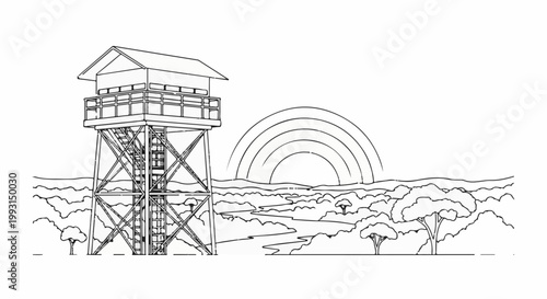 A watchtower stands tall over a landscape with a rainbow