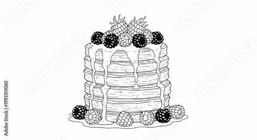 A stack of pancakes generously drizzled with white syrup and topped with berries