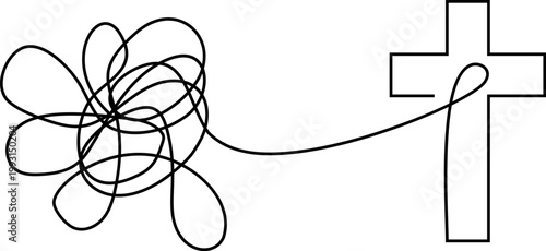 Tangled therapy vector line transforming into cross, christian counseling leads from chaos to jesus christ faith and repentance