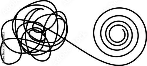 Abstract black vector line showing psychotherapy untangles chaos into structured and balanced life organized spiral, representing problem solving and order