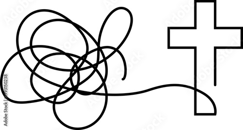 Untangling problems leading to faith therapy counseling, vector spiritual path and clarity, resolving chaos finding guidance spiritual care