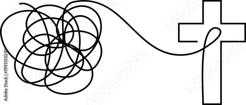 Untangling problems leading to faith therapy counseling, vector spiritual path and clarity, resolving chaos finding guidance spiritual care