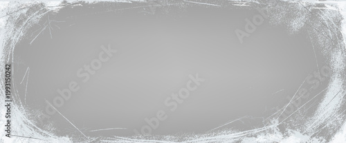 Ice grunge texture overlay on grey worn background with snow oval frame. Scratch effect on neutral rink surface with icy grunge edge for poster or print. Frost vector border in abstract winter tone.