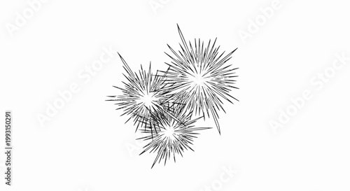 Stylized black and white graphic of three exploding bursts of light against a white background