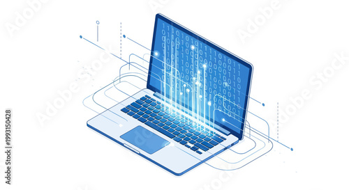 Isometric laptop with binary code flowing out, representing data processing.