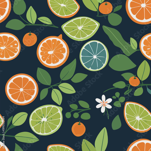 Seamless Pattern of Citrus Fruits and Leaves