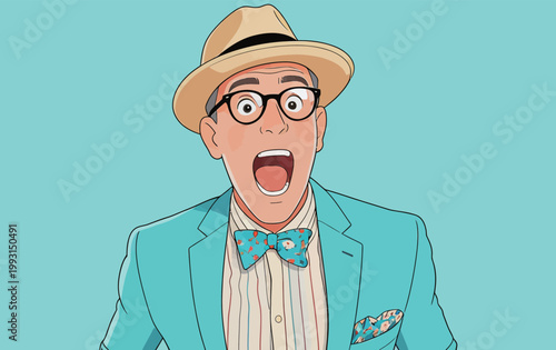 Surprised Man in Retro Fashion with Hat and Bowtie