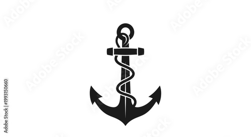 Black nautical anchor with rope silhouette isolated on white background