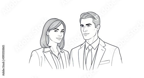 Minimalist line art illustration of a business man and woman in professional suits