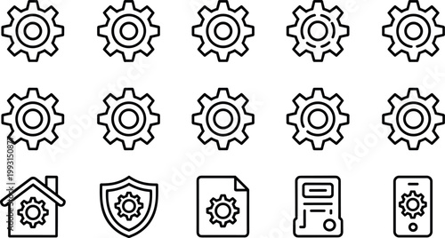 Settings and Configuration Icon Set with Gear Wheels, System Control, Maintenance, Security Shield, Document Setup, and Software Preferences Symbols