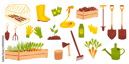 Home gardening workflow set with hands planting seeds, wheelbarrow, tools and seedlings. Urban farming process, eco agriculture concept, flat vector illustration