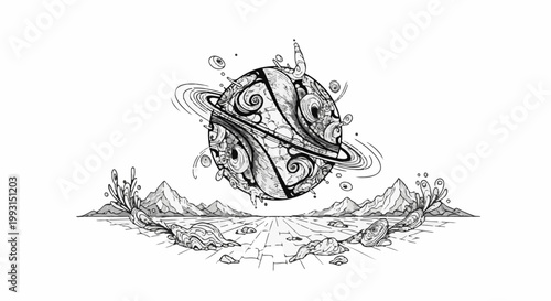 Surreal planet with swirling patterns and rings hovers over a rocky, patterned ground