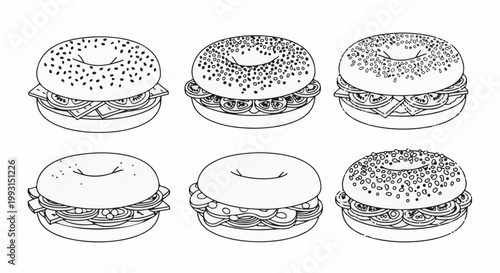 Six line art illustrations of bagels with various fillings