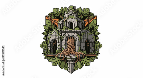 Ancient stone structure overgrown with lush green jungle foliage and roots