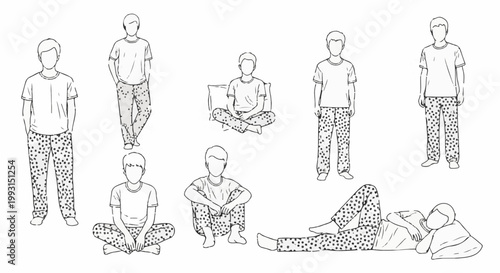 Stylized line drawings of seven figures in patterned pajamas in various poses