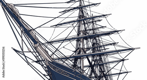 Stylized illustration of a tall ship's rigging and hull with detailed lines and shading