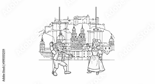 Animated figures dance before a scenic cityscape with historical buildings