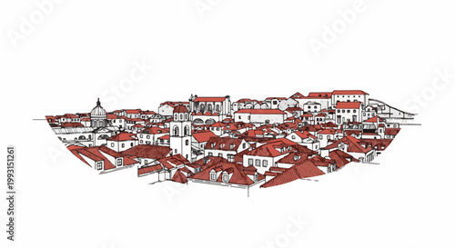 Stylized sketch of a dense European city with red-tiled roofs and white buildings