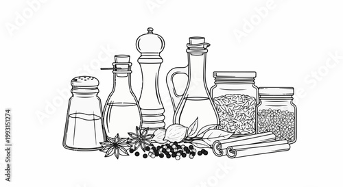 Assortment of spices and oils in glass containers, with peppercorns and cinnamon sticks