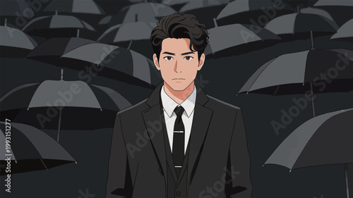 Stylish Businessman in Formal Suit Amid Umbrellas