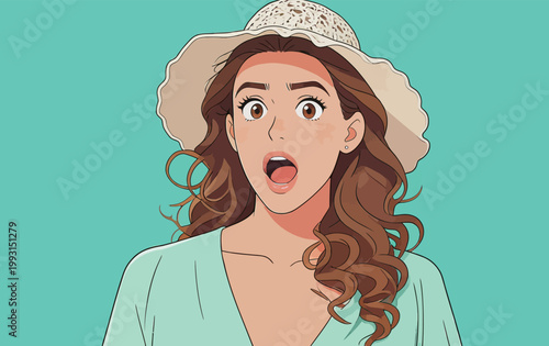 Surprised Woman in Hat with Curly Hair