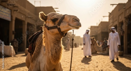 Camel in bustling marketplace, men in traditional attire, sunlit desert scene