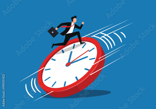 Businessman running on a rolling clock, symbolizing time management, urgency, and the race against deadlines