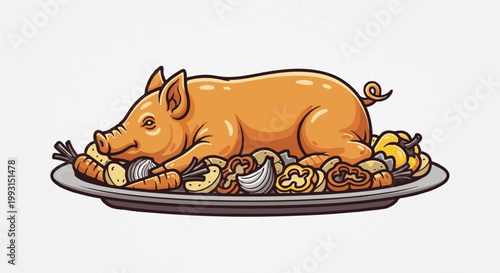 Cartoon roasted pig with vegetables on a platter