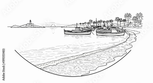 A serene seaside scene with anchored boats, a distant lighthouse, and a tropical shore
