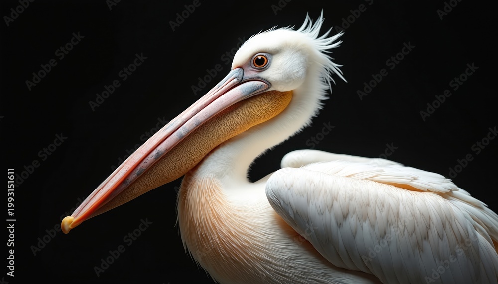 Fototapeta premium White pelican bird with long beak poses against dark background. Majestic water bird shows feathers and pouch. Wildlife portrait with focus on avian features and texture.