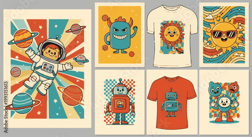Retro illustrations of cartoon astronaut, monster, sun, and robots