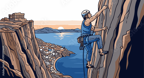 Climber scales a rocky cliff overlooking a seaside village and ancient ruins