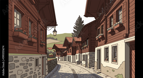 Pixel art scene of a charming village street with wooden houses